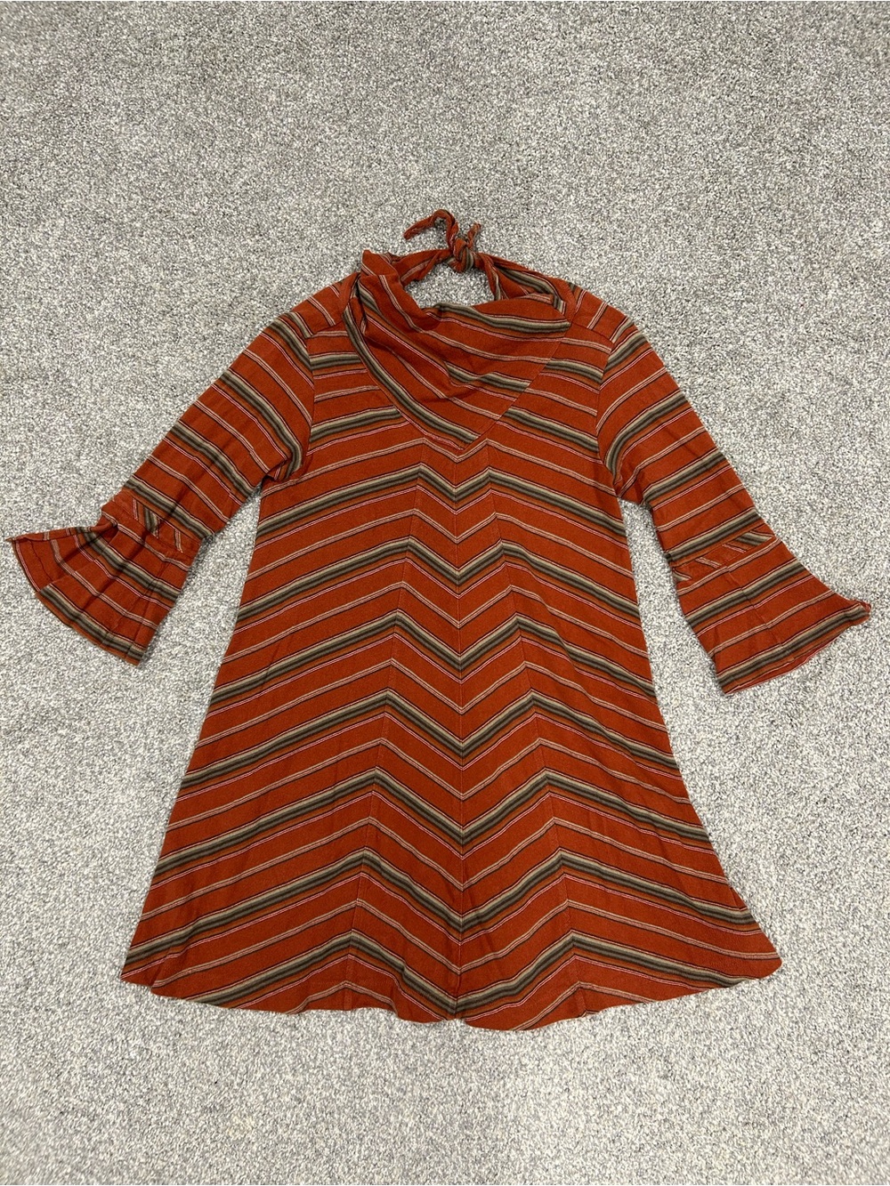 Free People New Romantics Boho Rust Striped Mini Dress Short Bell Sleeve Sz S